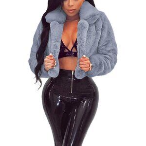 Women's Winter Faux Fur Long Sleeve Jacket Shaggy Open Front Cardigan Blush Grey